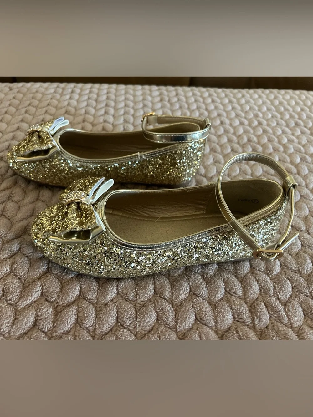 Panda Ninjia Bow Champagne Glitter SHOES Flats girls size 1 Ankle strap Ballet